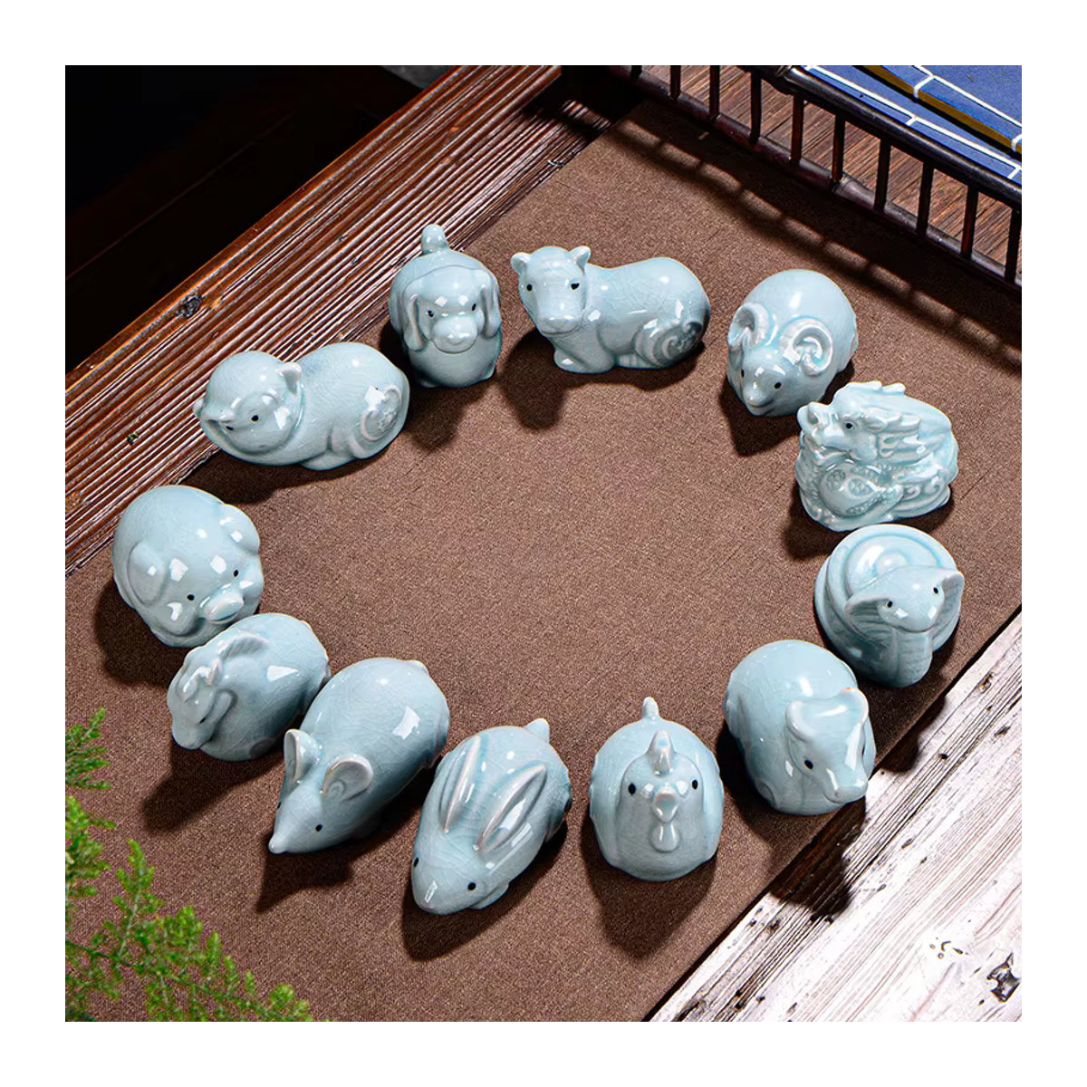 Ru Kiln Chinesisches Tierkreiszeichen Teetier-Set aus Keramik mit Craquelé-Glasur in Blau - Bild 1