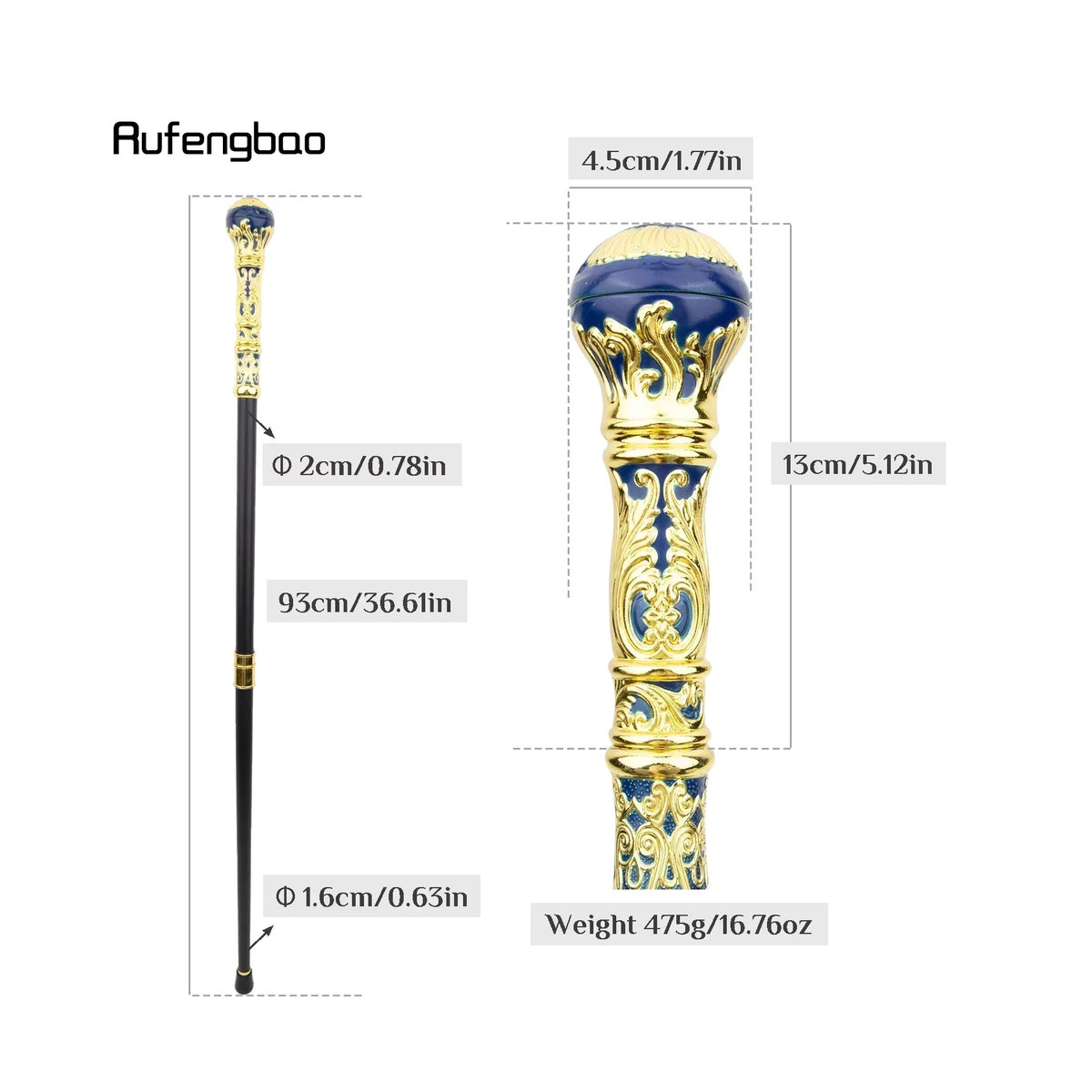 Rufengbao Performance-Bühnenstock in Gold und Blau mit rundem Griff, Höhe: 93 cm - Bild 2