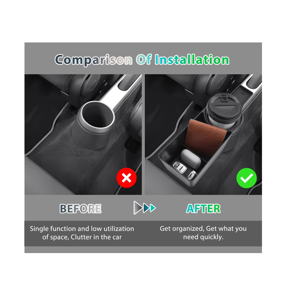 RUIYA Getränkehalter und Aufbewahrungsbox für VW Up, Seat Mii und Skoda Citigo (2013-2021), Schwarz, Kunststoff - Bild 2