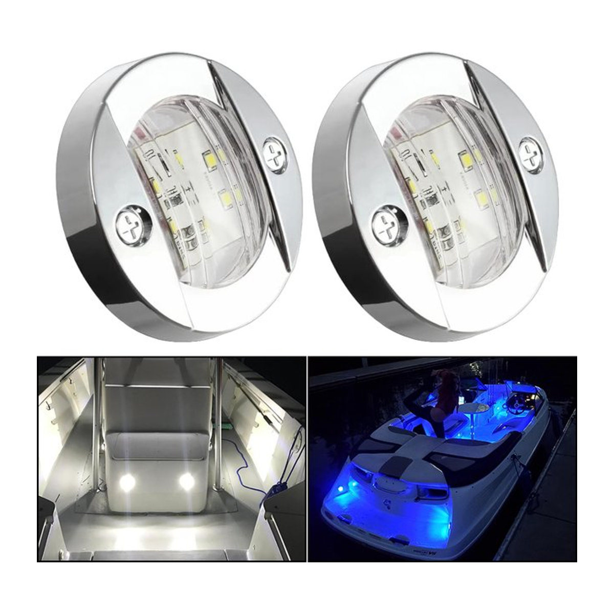 Runde 3 Zoll LED-Innenbeleuchtung für Boote und Yachten in Weiß mit Chrom-Akzenten, 12 V - Bild 1