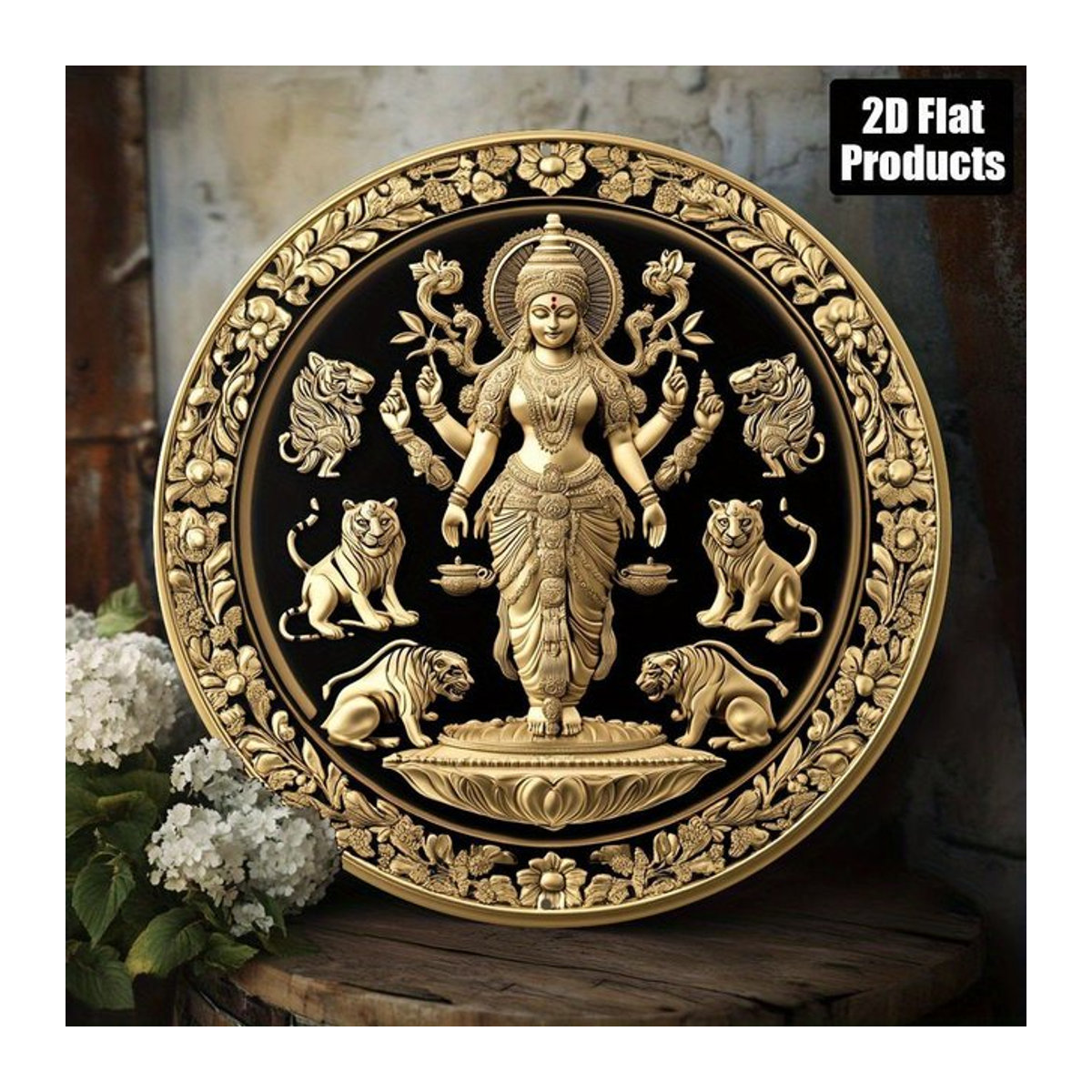 Runde Aluminium-Wandkunst Durga Goddess mit Löwe in Gold, dekoratives Metallschild im orientalischen Stil, Durchmesser: 20,3 cm - Bild 1