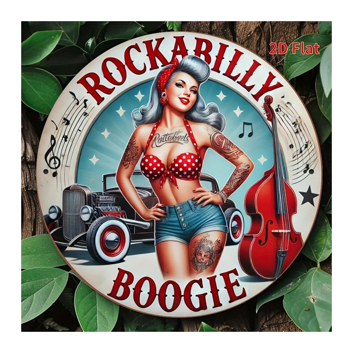 Runde Aluminium-Wandkunst Rockabilly Boogie Retro Pin-Up Girl mit Vintage-Auto und Musiknoten, mehrfarbig, Durchmesser: 20 cm - Bild 1