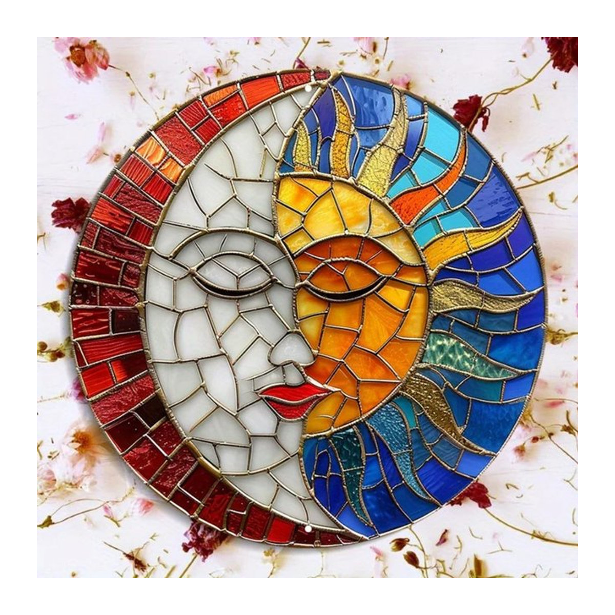 Runde Aluminium-Wandkunst von Hello Young mit Sonnen- und Mondgesicht in Bohemian-Design, mehrfarbig, Durchmesser: 20,3 cm - Bild 1