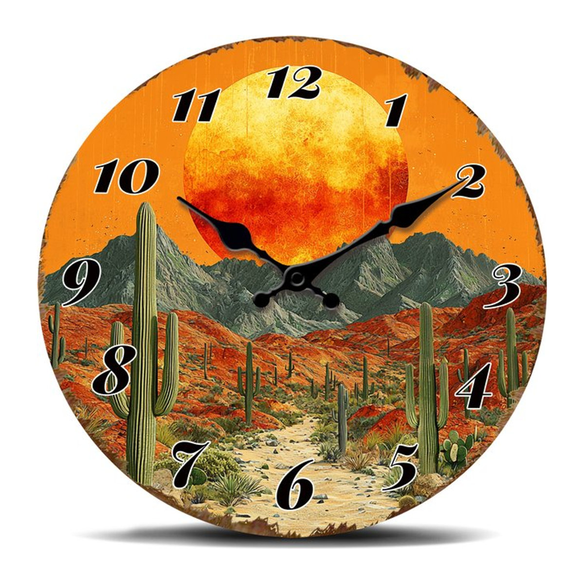 Runde analoge Wanduhr aus Holz im Bohemian Stil mit Wüstensonnenschein-Szenerie und Kaktus-Dekoration in Mehrfarbig - Bild 1