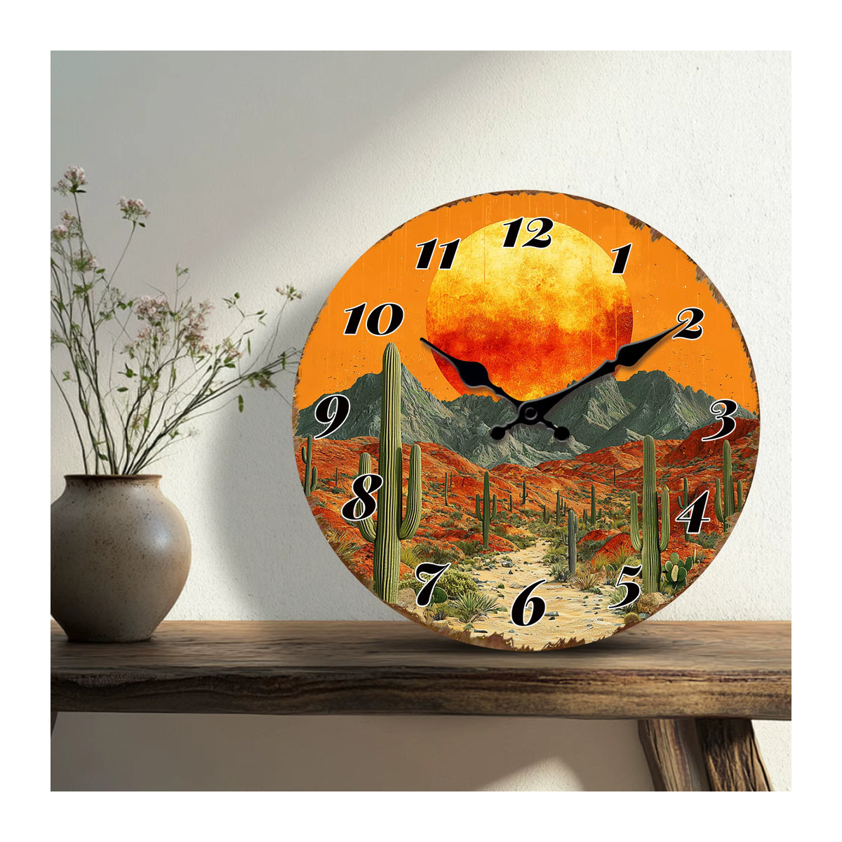Runde analoge Wanduhr aus Holz im Bohemian Stil mit Wüstensonnenschein-Szenerie und Kaktus-Dekoration in Mehrfarbig - Bild 2