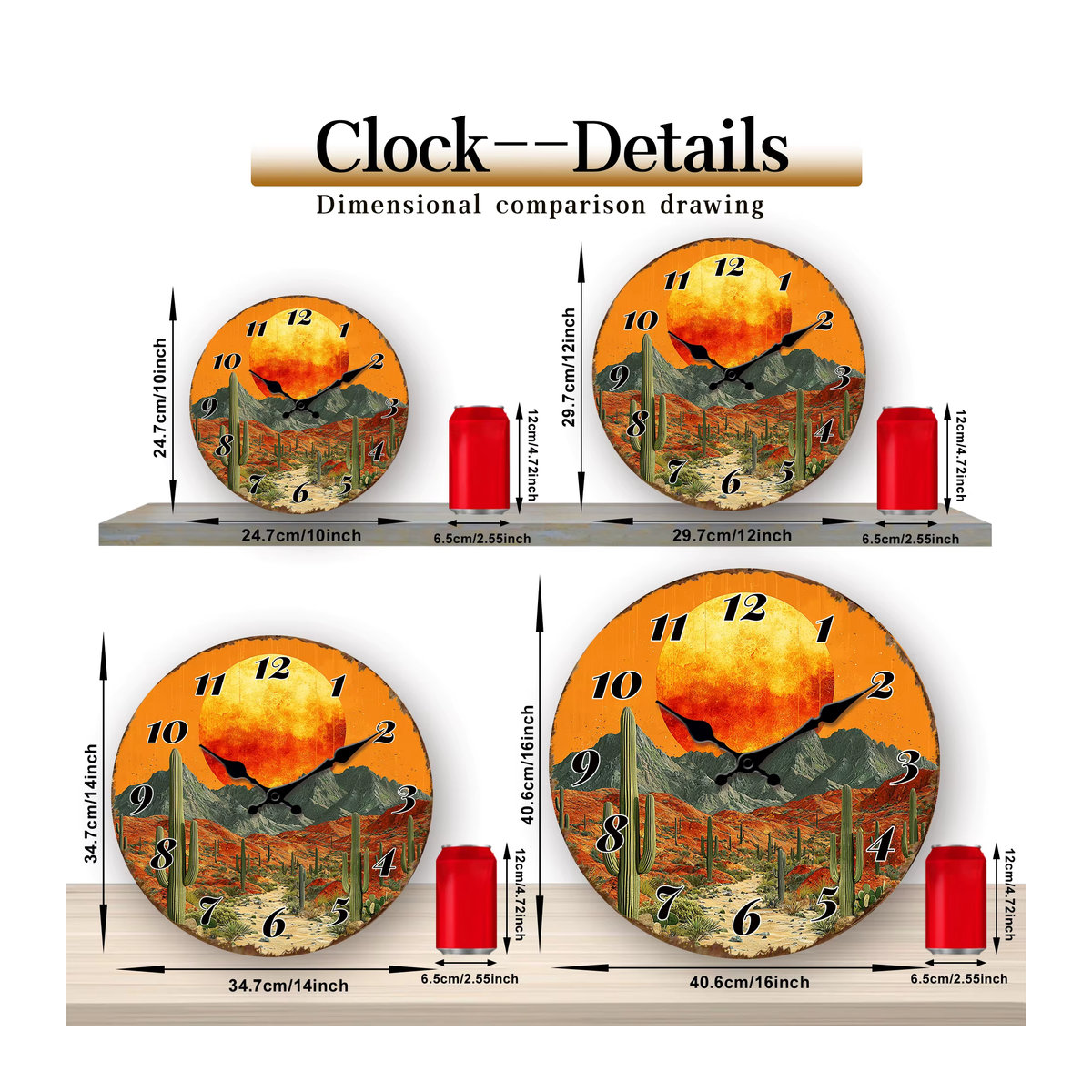Runde analoge Wanduhr aus Holz im Bohemian Stil mit Wüstensonnenschein-Szenerie und Kaktus-Dekoration in Mehrfarbig - Bild 3