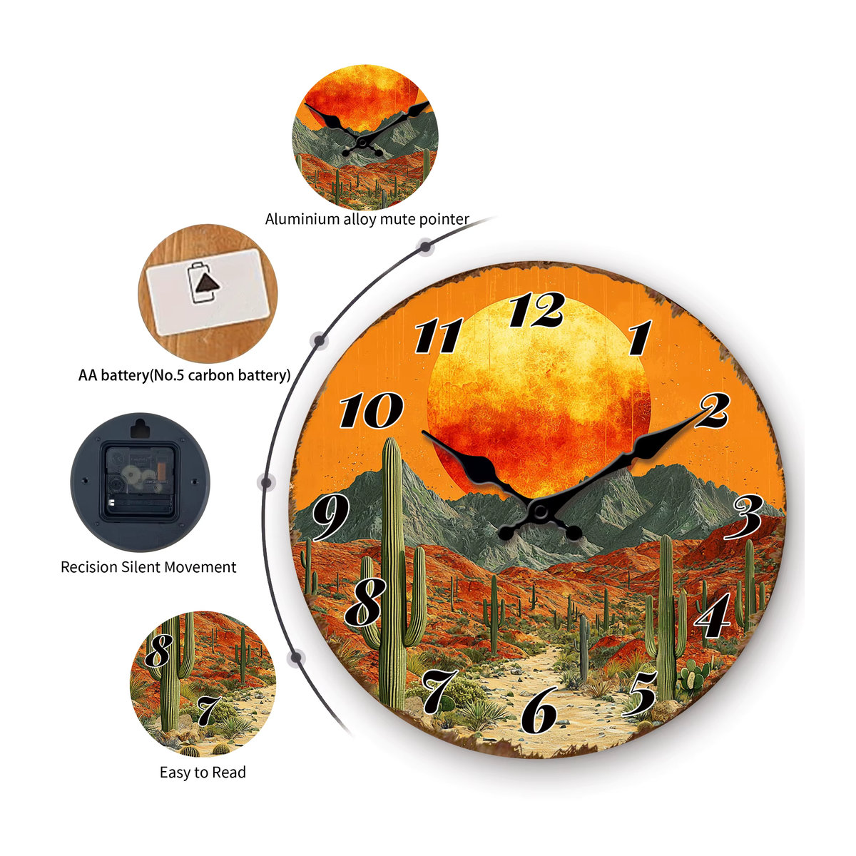Runde analoge Wanduhr aus Holz im Bohemian Stil mit Wüstensonnenschein-Szenerie und Kaktus-Dekoration in Mehrfarbig - Bild 4