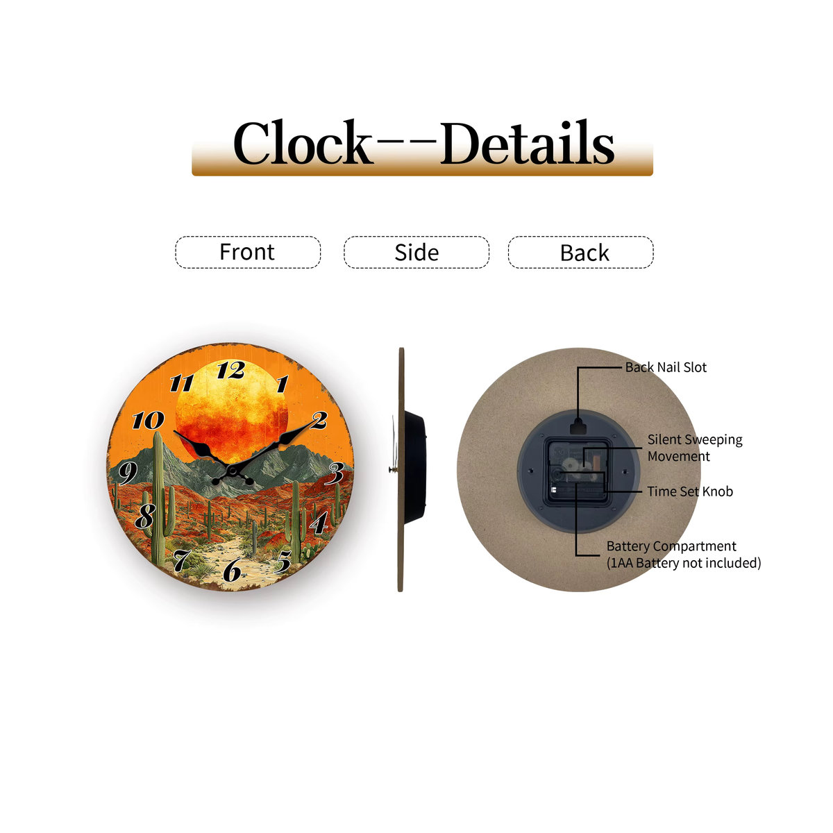 Runde analoge Wanduhr aus Holz im Bohemian Stil mit Wüstensonnenschein-Szenerie und Kaktus-Dekoration in Mehrfarbig - Bild 5