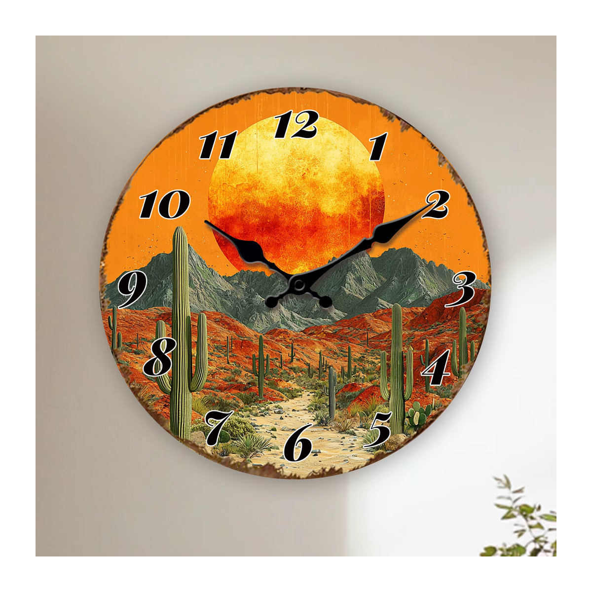 Runde analoge Wanduhr aus Holz im Bohemian Stil mit Wüstensonnenschein-Szenerie und Kaktus-Dekoration in Mehrfarbig - Bild 6