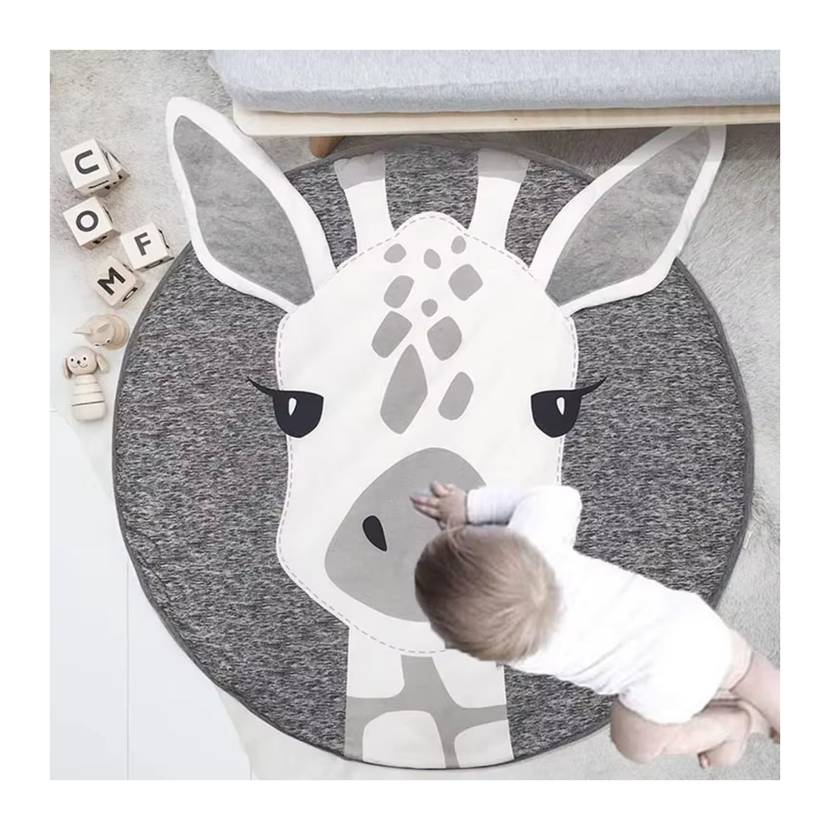 Runde Baby Krabbeldecke aus Baumwolle mit Tierprint in Grau - Bild 2