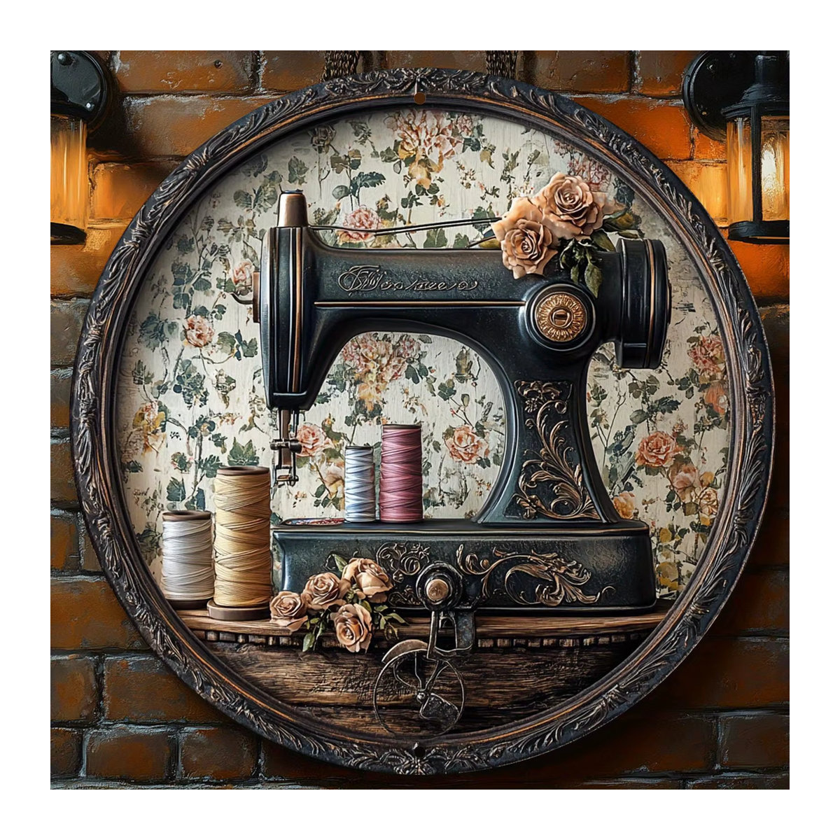 Runde Holzdeko mit Vintage-Nähmaschinen-Motiv, mehrfarbig, Durchmesser: 20,3 cm - Bild 2