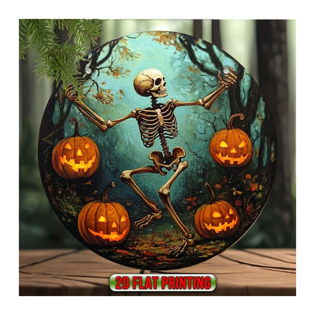 Runde hölzerne Halloween-Hängedekoration im Vintage-Stil mit Schädel und Kürbis, mehrfarbig - Bild 1