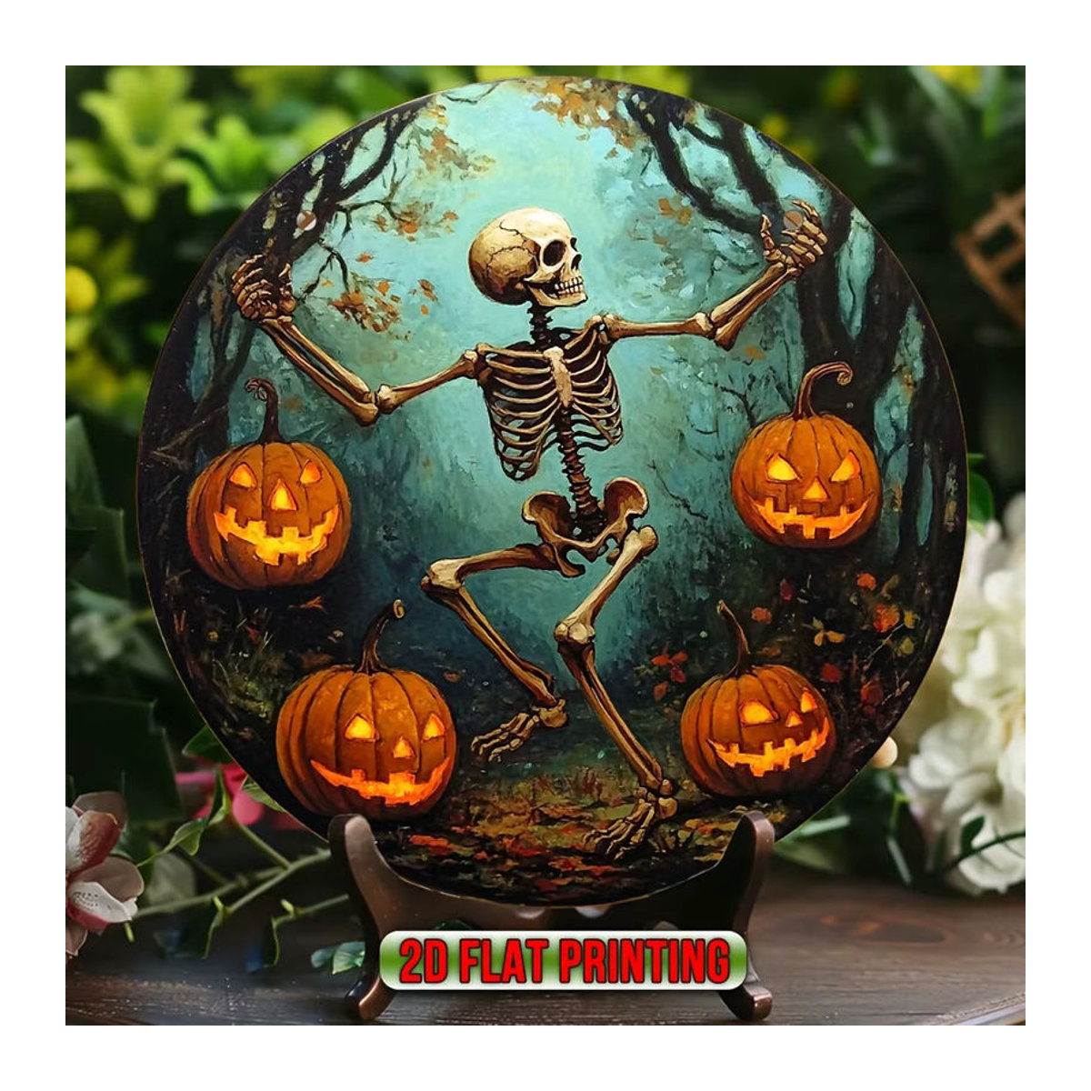 Runde hölzerne Halloween-Hängedekoration im Vintage-Stil mit Schädel und Kürbis, mehrfarbig - Bild 3