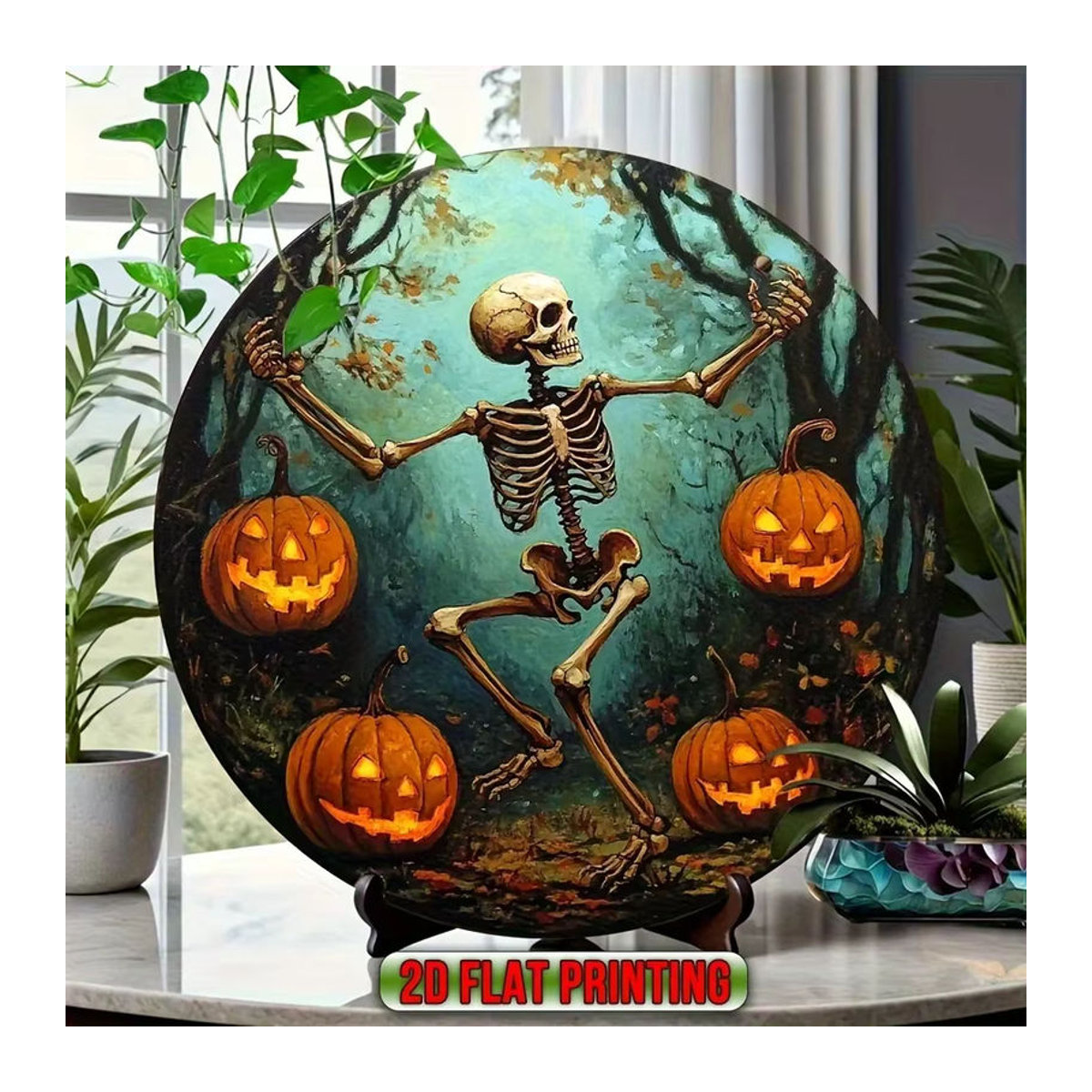 Runde hölzerne Halloween-Hängedekoration im Vintage-Stil mit Schädel und Kürbis, mehrfarbig - Bild 4