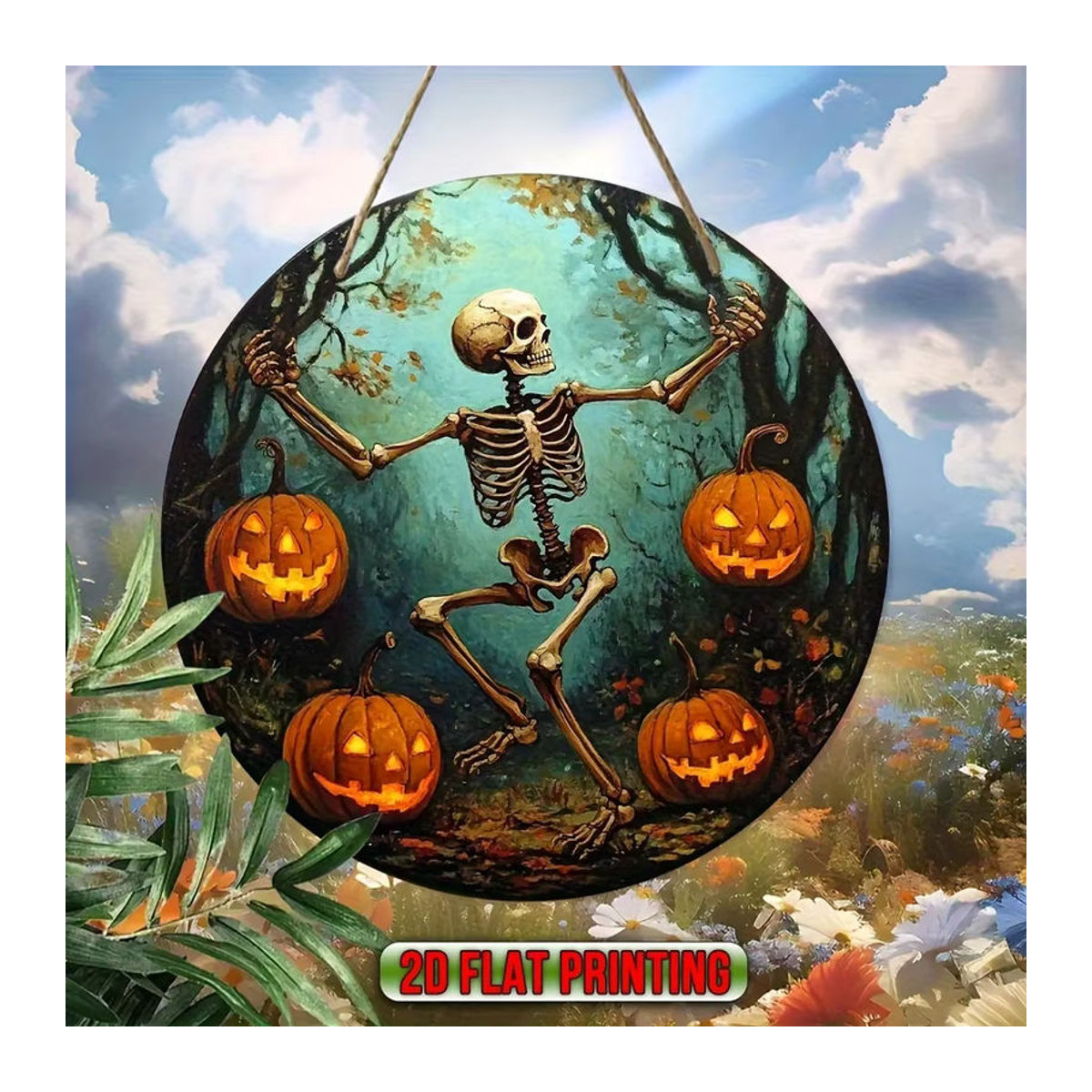 Runde hölzerne Halloween-Hängedekoration im Vintage-Stil mit Schädel und Kürbis, mehrfarbig - Bild 5