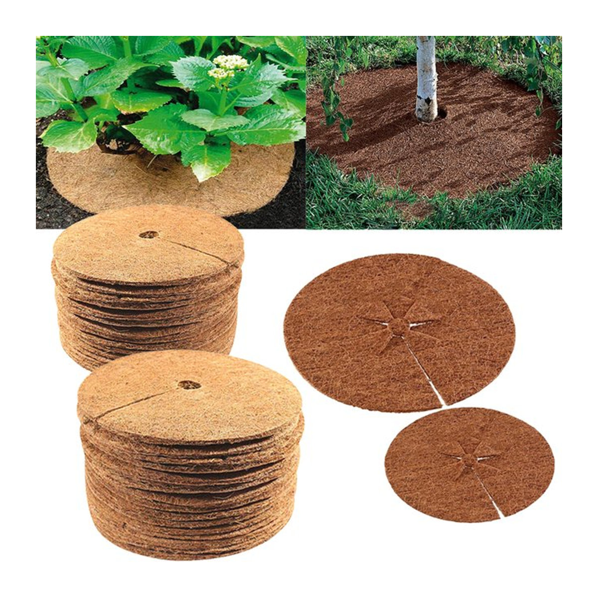 Runde Kokosfaser Mulchmatte als Unkrautvlies und Stammprotektor für deinen Garten in 5 Größen - Bild 1