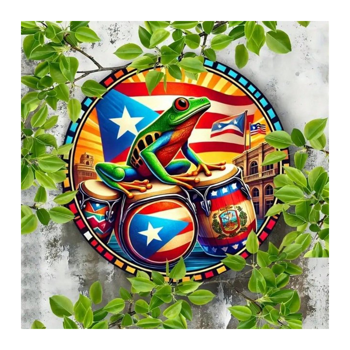 Runde Metall-Wandkunst Dekoration von Hello Young mit Puerto-Rican-Flagge und Frosch-Design, mehrfarbig, Durchmesser: 20,3 cm - Bild 1