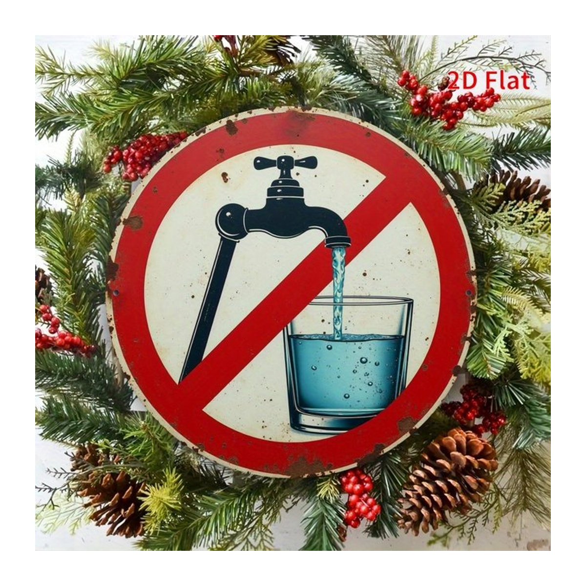 Runde Metallwanddekoration im Vintage-Style No Drinking Raw Water, Durchmesser: 19,99 cm, Farbe: Weiß mit rotem Rand - Bild 1