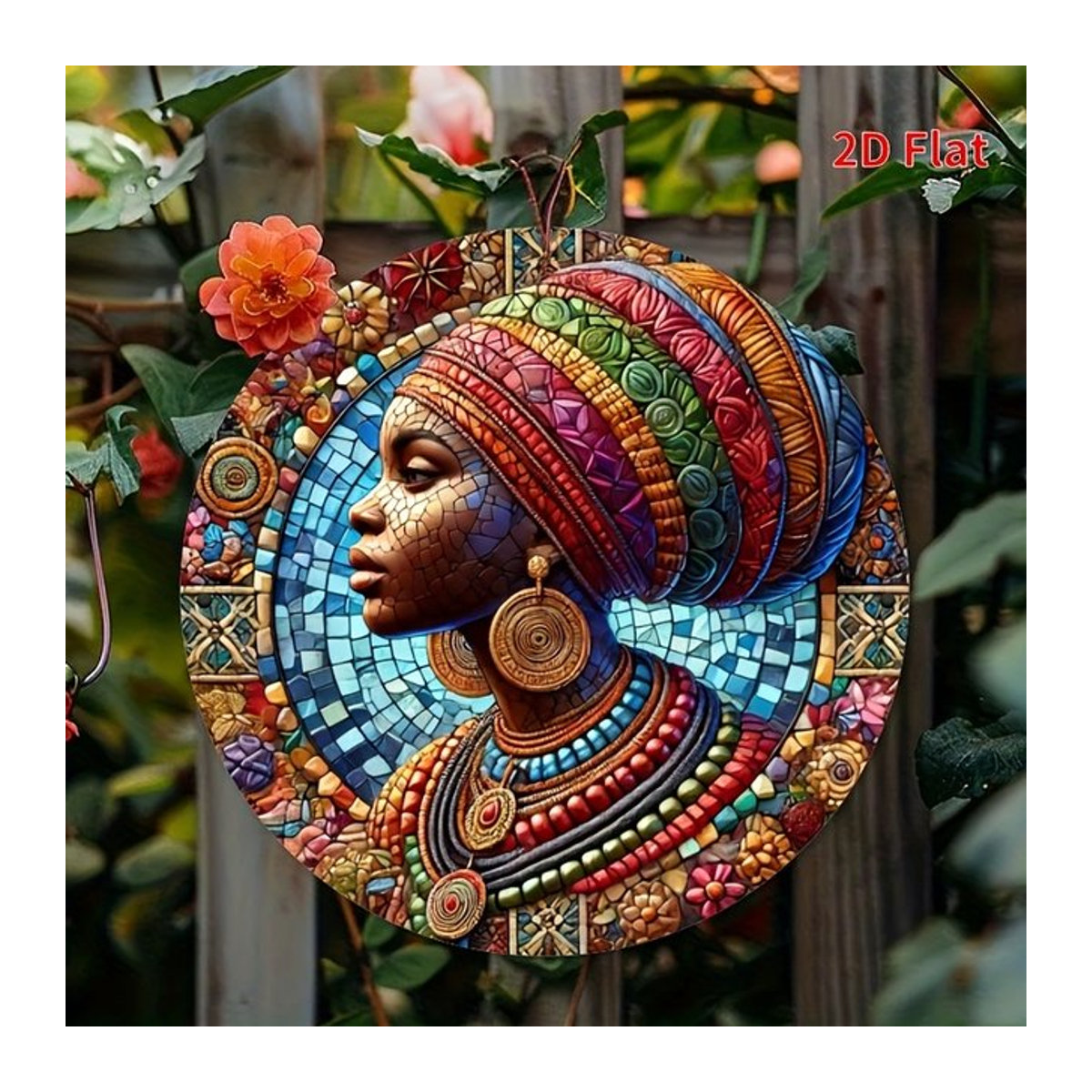 Runde Metallwandkunst Afrikanische Frau Mosaik Porträt in Rot und Mehrfarbig als wasserdichte Aluminium-Wanddekoration im Bohemian Stil - Bild 1