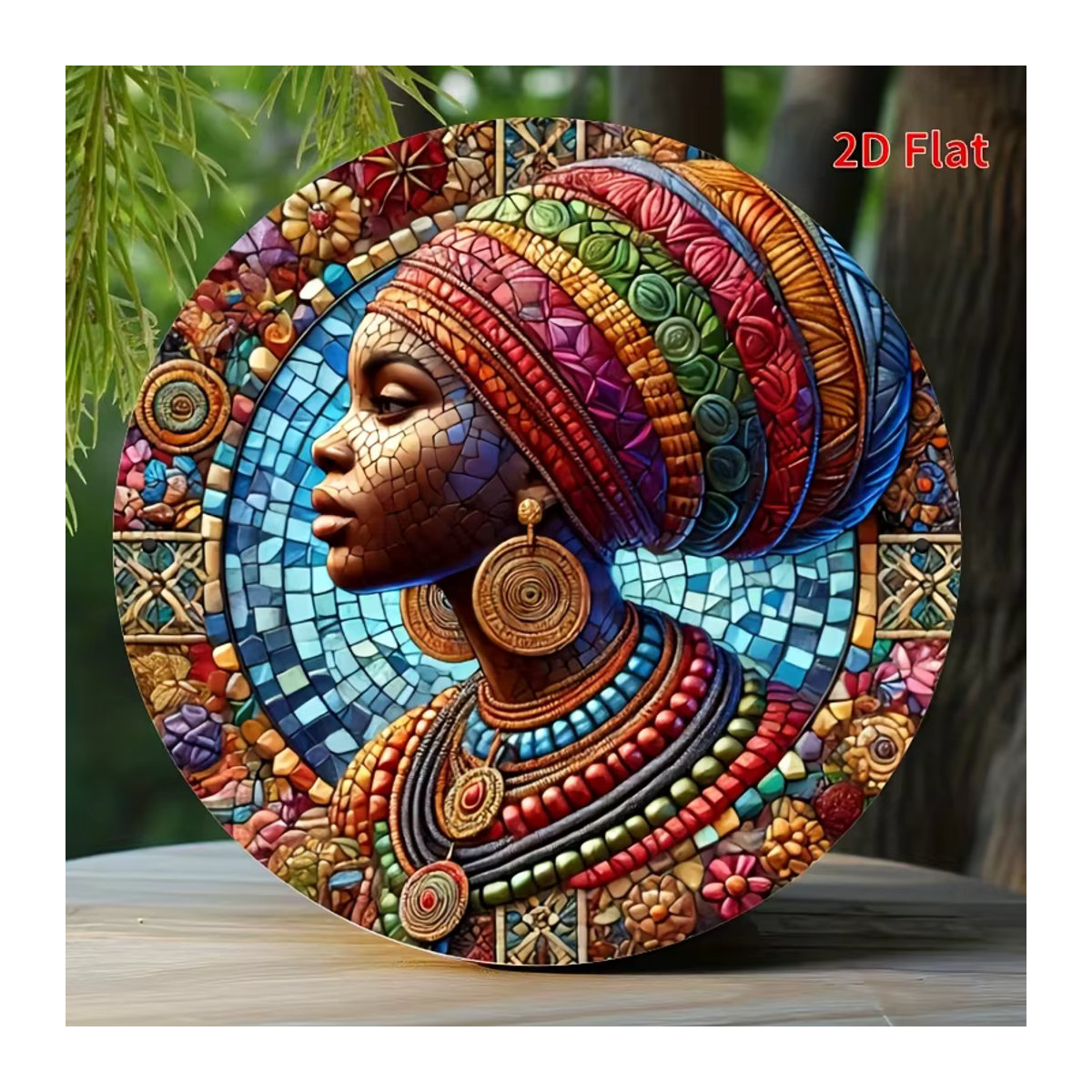 Runde Metallwandkunst Afrikanische Frau Mosaik Porträt in Rot und Mehrfarbig als wasserdichte Aluminium-Wanddekoration im Bohemian Stil - Bild 3