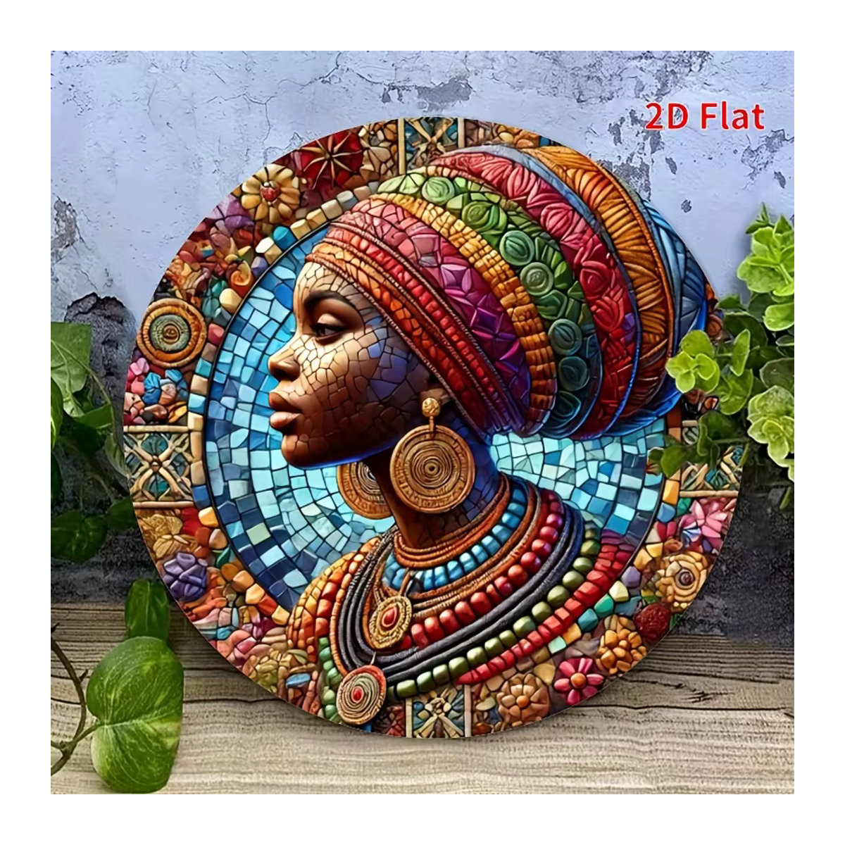 Runde Metallwandkunst Afrikanische Frau Mosaik Porträt in Rot und Mehrfarbig als wasserdichte Aluminium-Wanddekoration im Bohemian Stil - Bild 4