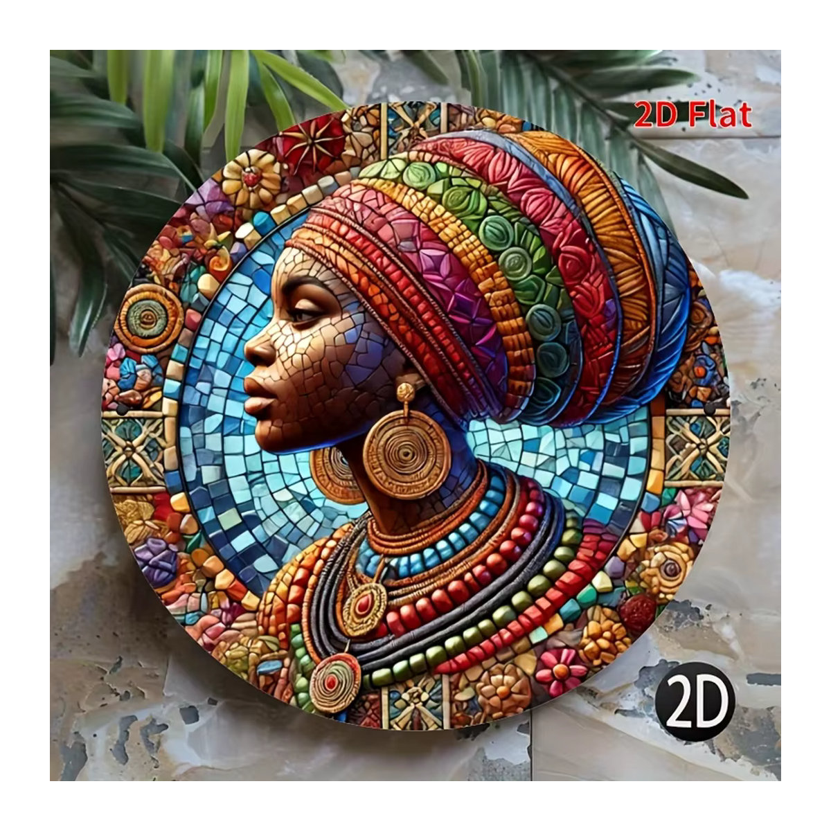 Runde Metallwandkunst Afrikanische Frau Mosaik Porträt in Rot und Mehrfarbig als wasserdichte Aluminium-Wanddekoration im Bohemian Stil - Bild 6