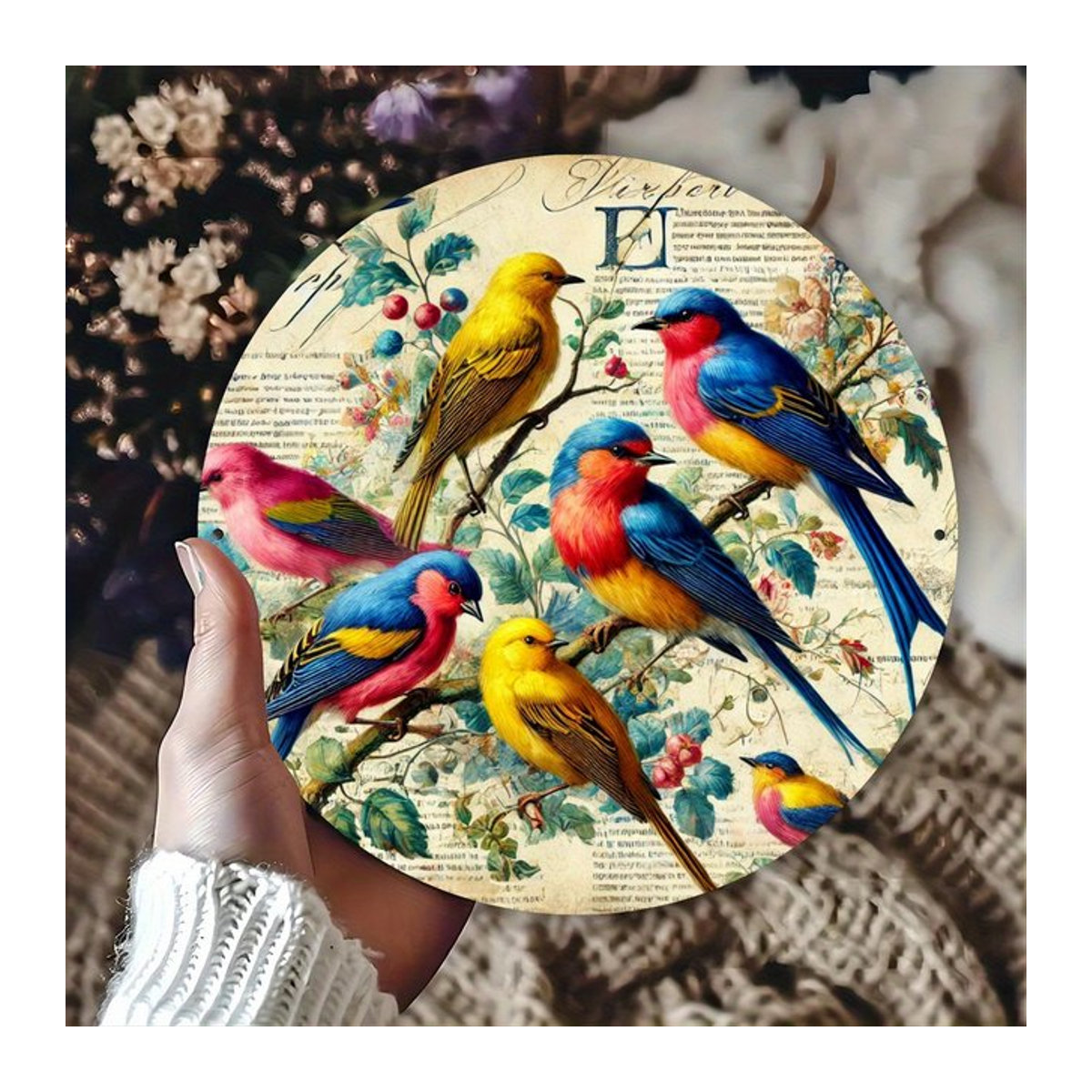 Runde Metallwandkunst von Potdemiel mit floralem Vogeldesign in Vintage-Optik, mehrfarbig, Durchmesser: 20,32 cm - Bild 1