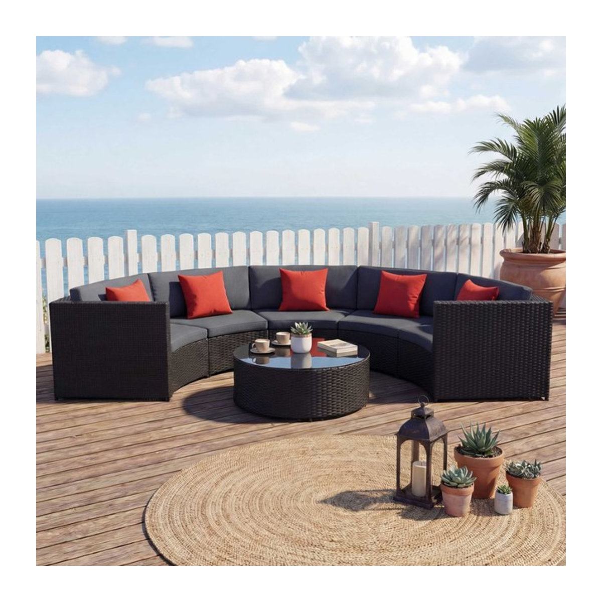 Runde Poly-Rattan Garten-Sitzgruppe MCW-E17 in Schwarz mit dunkelgrauen Polstern und terracottafarbenen Kissen - Bild 1