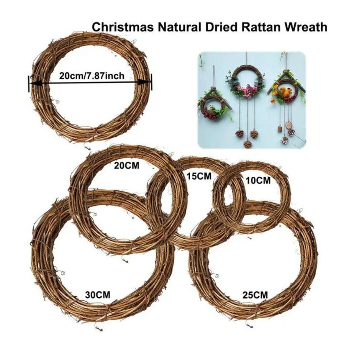 Runde Rattanringe in Braun für DIY Blumenkränze und hängende Dekoration, Durchmesser: 10 cm - Bild 1