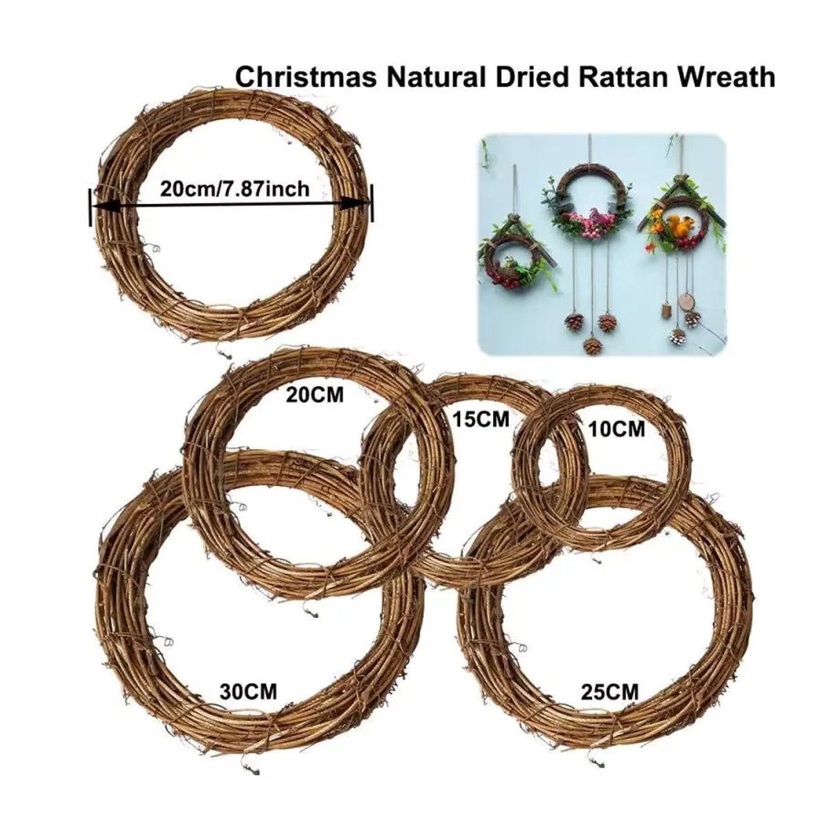 Runde Rattanringe in Braun für DIY Blumenkränze und hängende Dekoration, Durchmesser: 10 cm - Bild 2