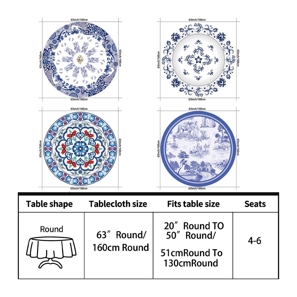 Runde Tischdecke im Retro-Stil mit blau-weißem Porzellan-Design, wasserdicht und vielseitig einsetzbar, Durchmesser: 160 cm - Bild 1