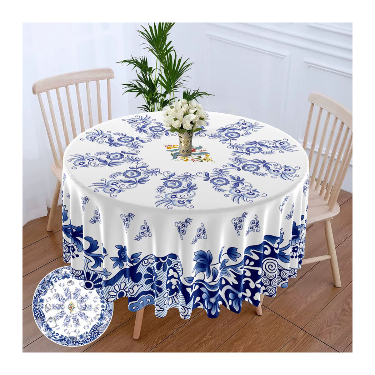 Runde Tischdecke im Retro-Stil mit blau-weißem Porzellan-Design, wasserdicht und vielseitig einsetzbar, Durchmesser: 160 cm - Bild 3