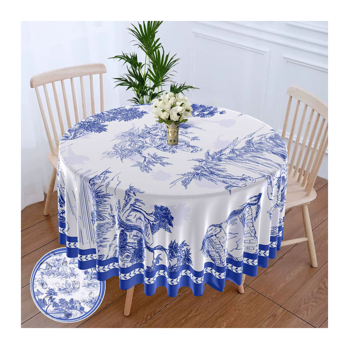 Runde Tischdecke im Retro-Stil mit blau-weißem Porzellan-Design, wasserdicht und vielseitig einsetzbar, Durchmesser: 160 cm - Bild 4