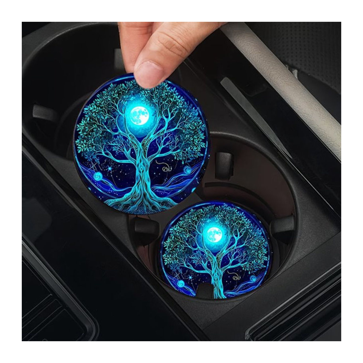 Runde Untersetzer-Matte für den Getränkehalter im Auto mit blauem floralem Ölgemälde-Blumendruck - Bild 1