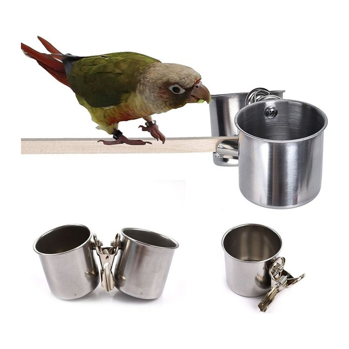 Runde Vogelfutter-Tasse aus Edelstahl als Fütterungsschale für Vögel und Papageien in der Voliere - Bild 1