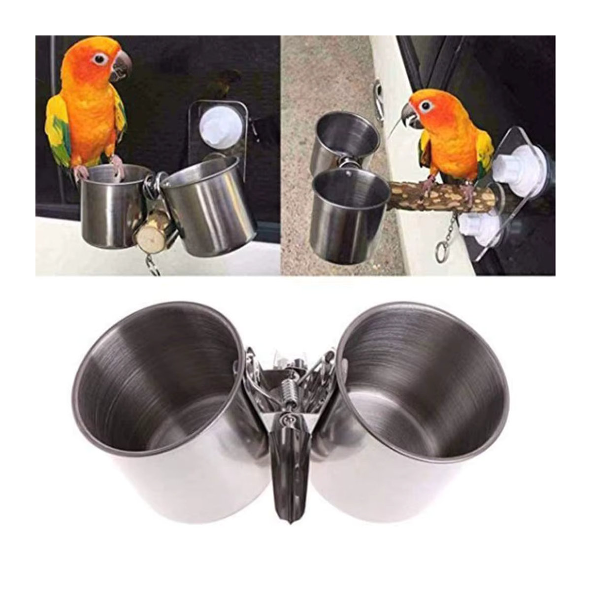 Runde Vogelfutter-Tasse aus Edelstahl als Fütterungsschale für Vögel und Papageien in der Voliere - Bild 3