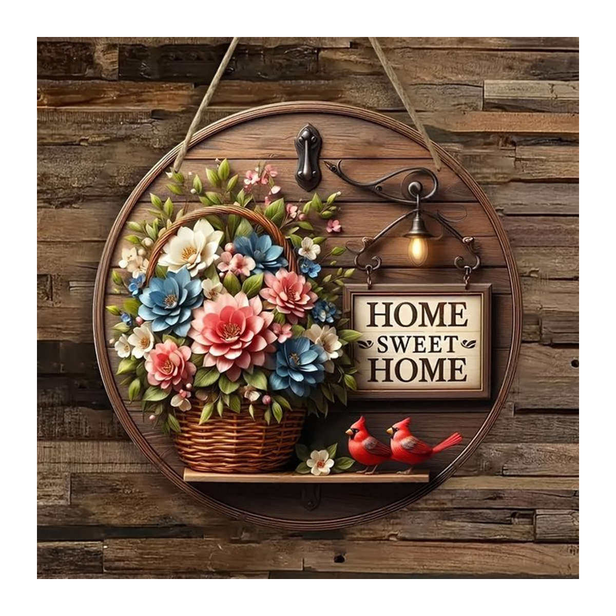 Runder 2D-Frühlings-Blumenkranz aus Holz in Mehrfarbig als Wandkunst im Landhausstil, Durchmesser: 20,3 cm - Bild 1
