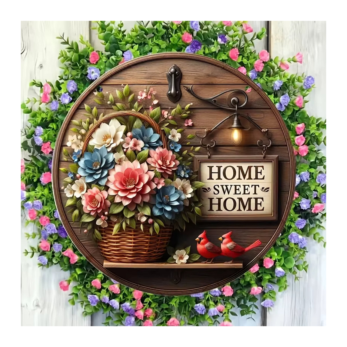 Runder 2D-Frühlings-Blumenkranz aus Holz in Mehrfarbig als Wandkunst im Landhausstil, Durchmesser: 20,3 cm - Bild 3