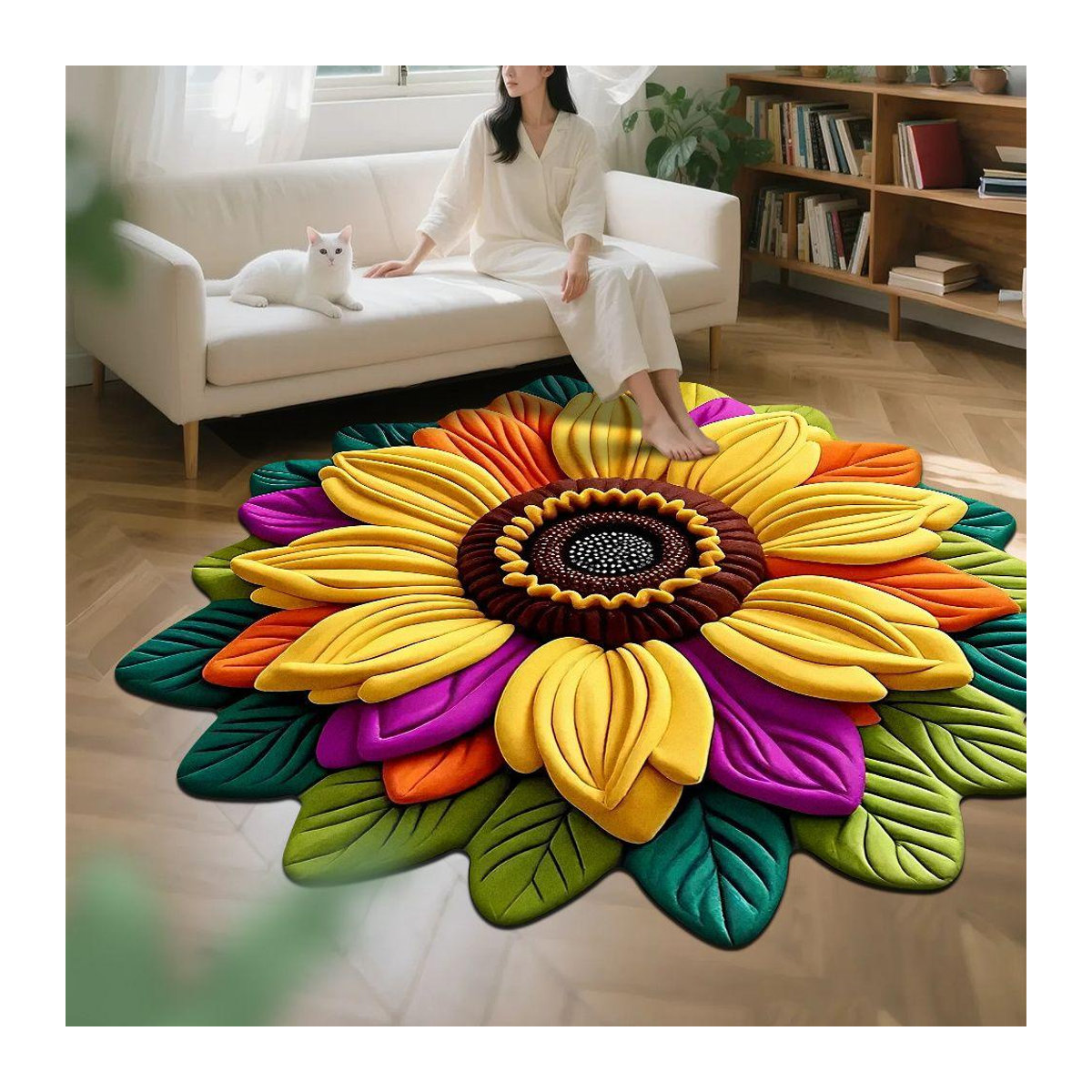 Runder 3D Blumenteppich in Form einer Pfingstrose von Chocolate Home in Gelb, Durchmesser: 50 cm - Bild 3