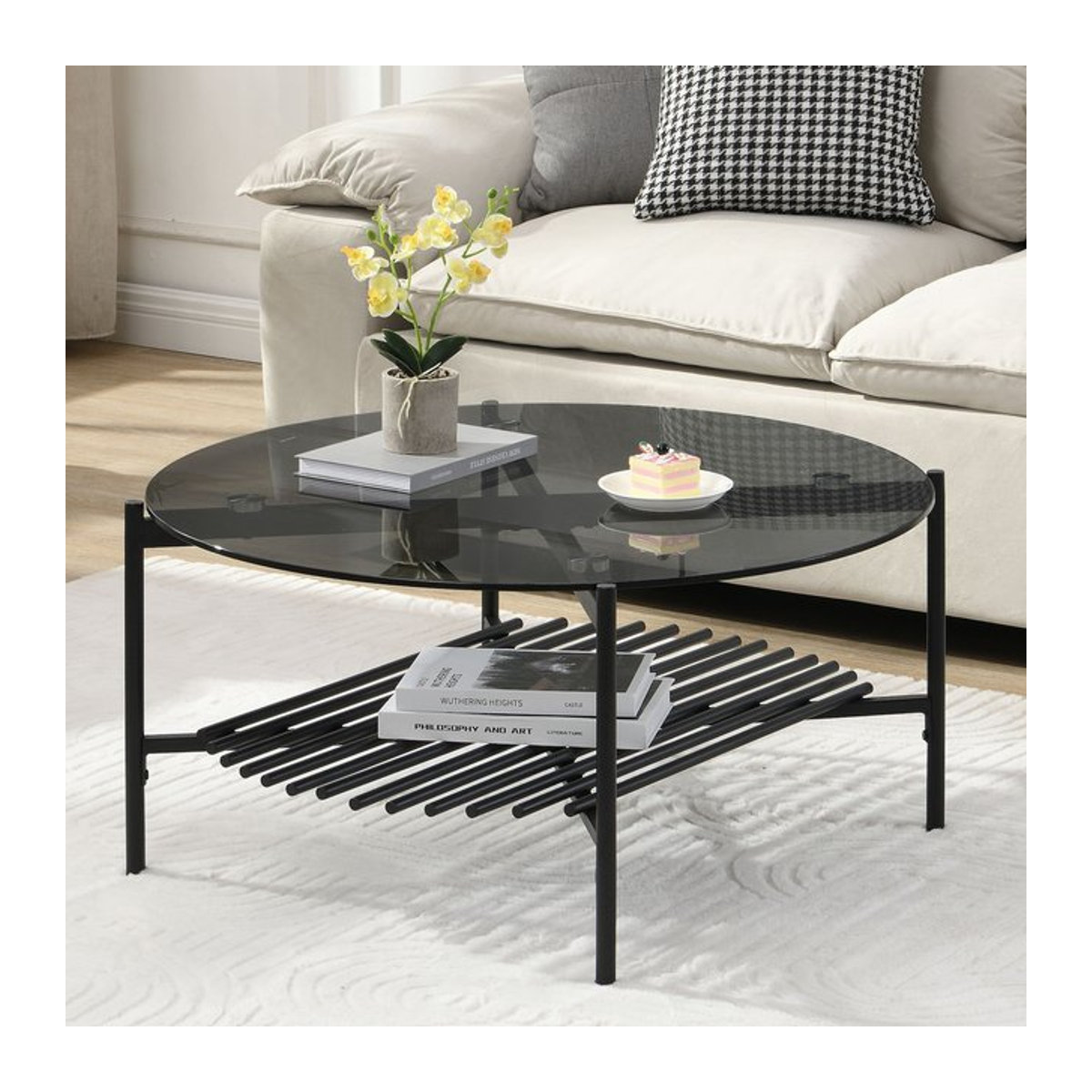 Runder Couchtisch FineBuy aus Glas und Metall in Schwarz und Transparent im modernen Industrial Design mit Durchmesser: 80 cm - Bild 1