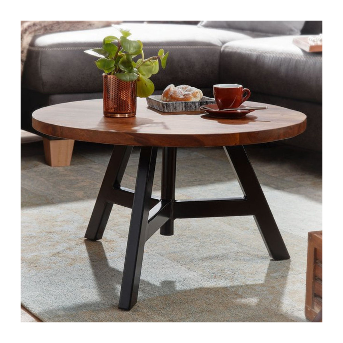 Runder Couchtisch Finebuy aus Massivholz und Metall in Nussbaum, B/T/H: 60 x 60 x 35 cm - Bild 1