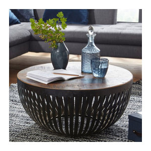 Runder Couchtisch FineBuy im Industrial Design aus Massivholz und Metall, Durchmesser: 70 cm, Schwarz/Braun