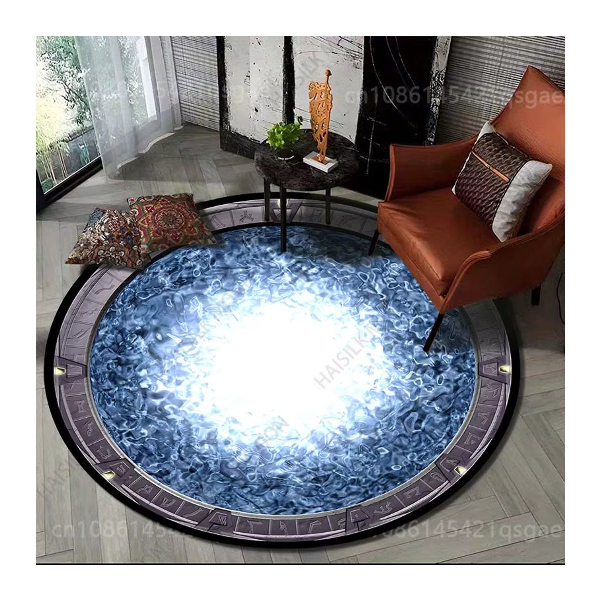 Runder Flanellteppich von HAISILK MOON mit blauem Stargate-Aufdruck und rutschfester Unterseite - Bild 1