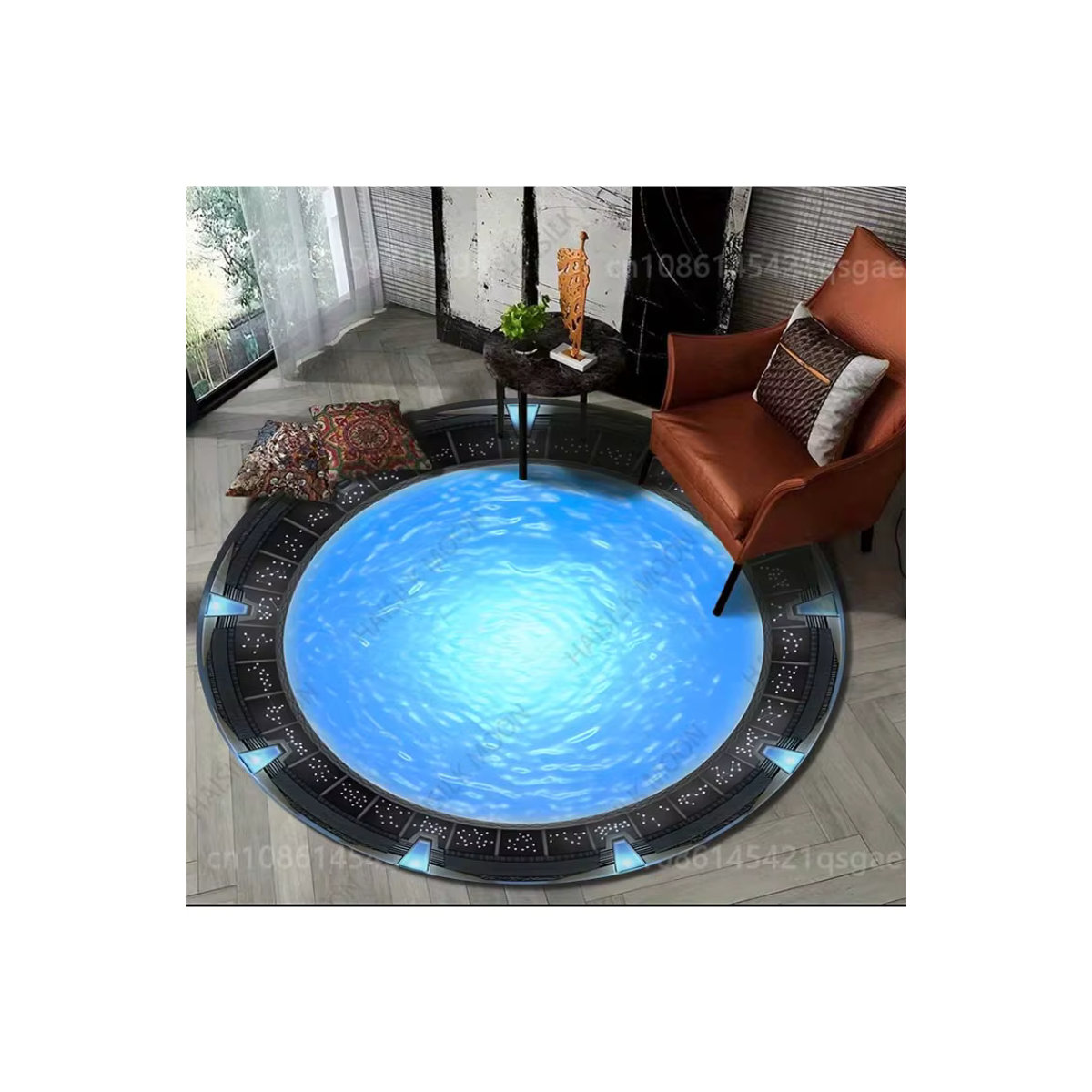 Runder Flanellteppich von HAISILK MOON mit blauem Stargate-Aufdruck und rutschfester Unterseite - Bild 3
