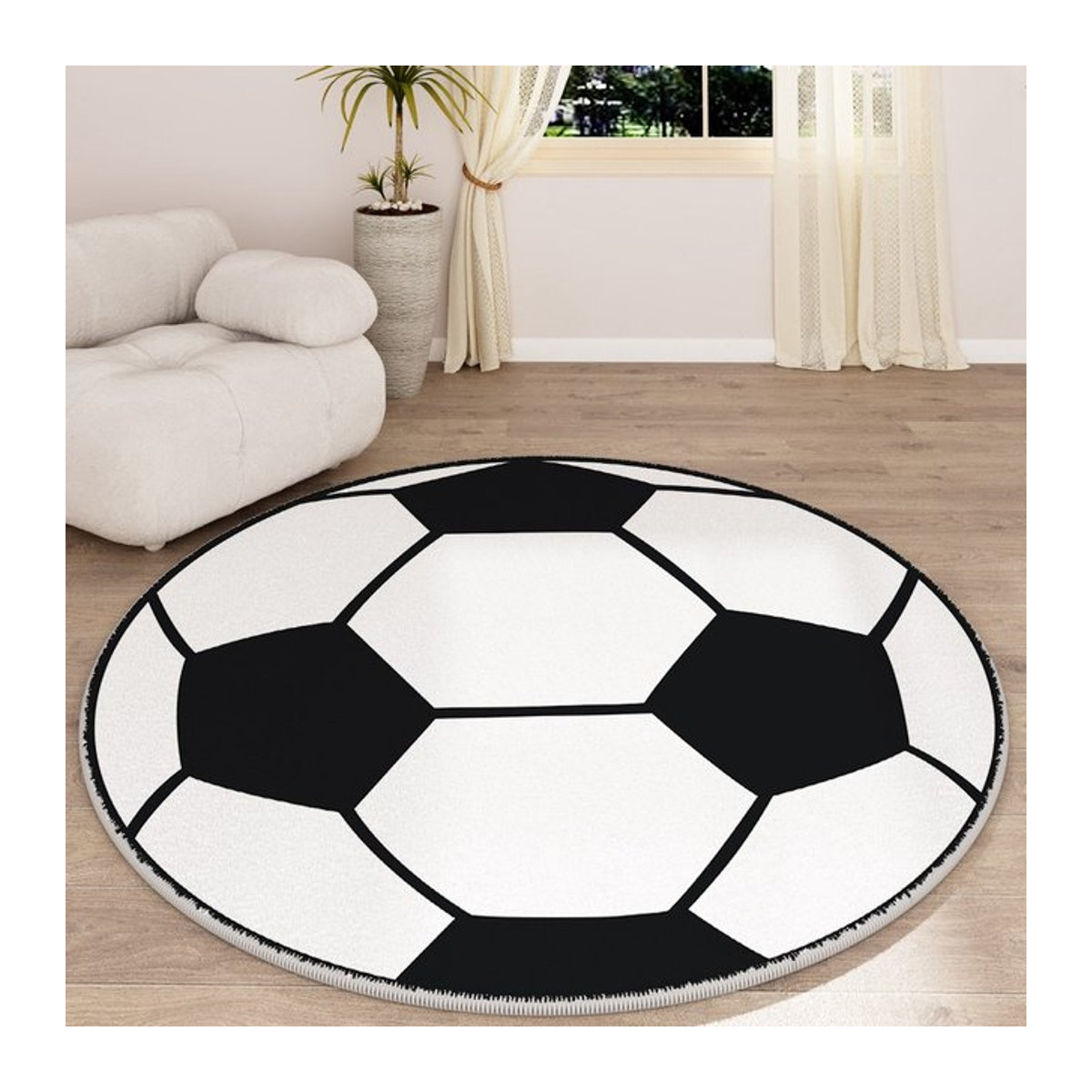 Runder Fußballteppich von DHDH in Weiß mit Sportmotiv für Kinderzimmer, Wohnzimmer und Schlafzimmer - Bild 1