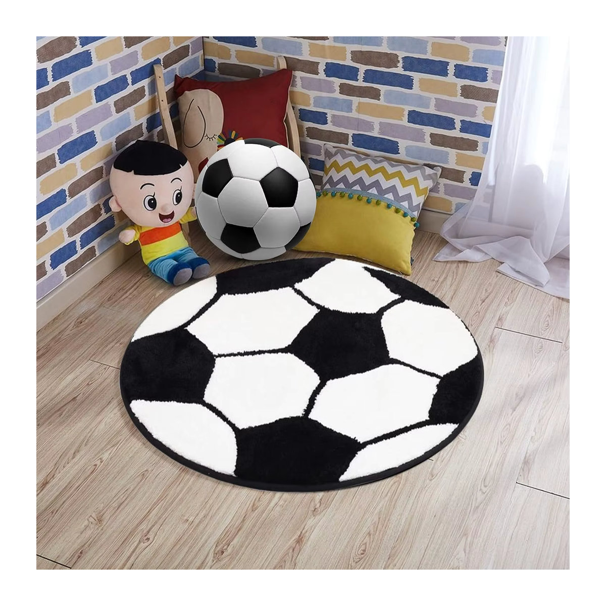 Runder Fußballteppich von DHDH in Weiß mit Sportmotiv für Kinderzimmer, Wohnzimmer und Schlafzimmer - Bild 2