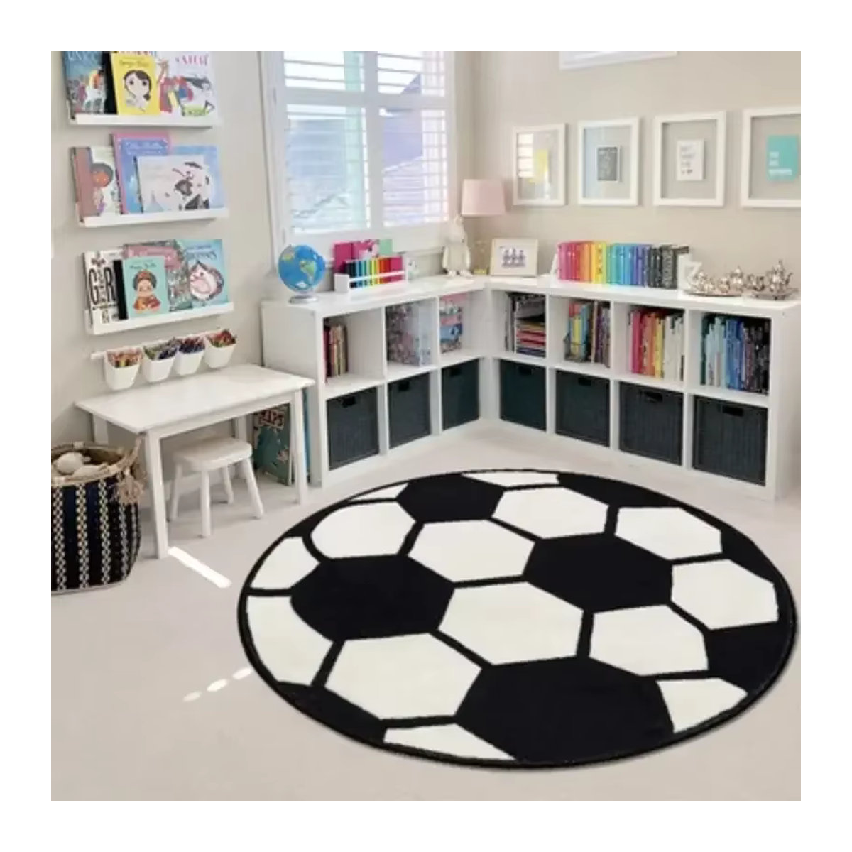 Runder Fußballteppich von DHDH in Weiß mit Sportmotiv für Kinderzimmer, Wohnzimmer und Schlafzimmer - Bild 5