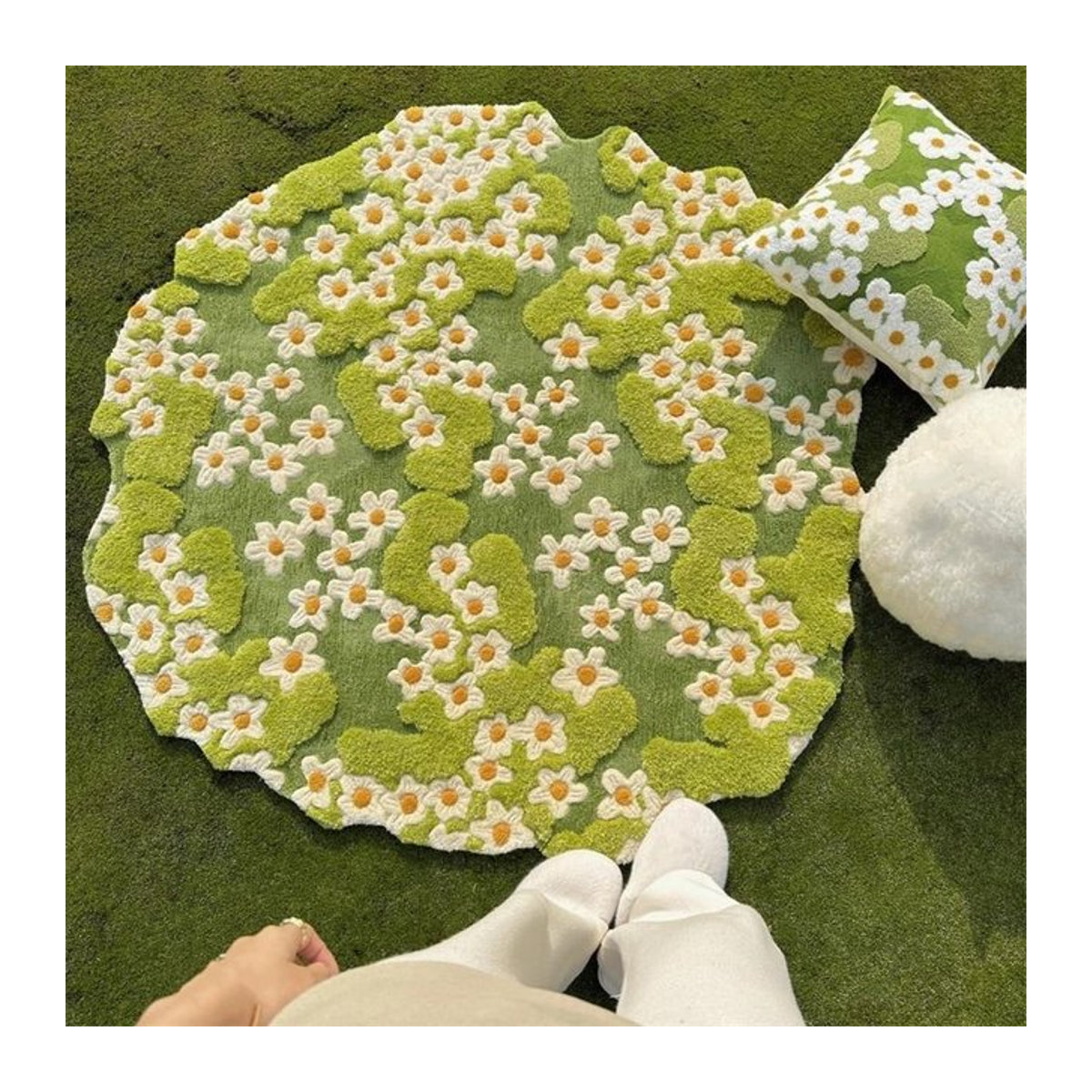 Runder handgemachter Acryl Teppich mit Blumenmuster von LTSCILOVCH in Grün für Wohnzimmer und Schlafzimmer - Bild 1