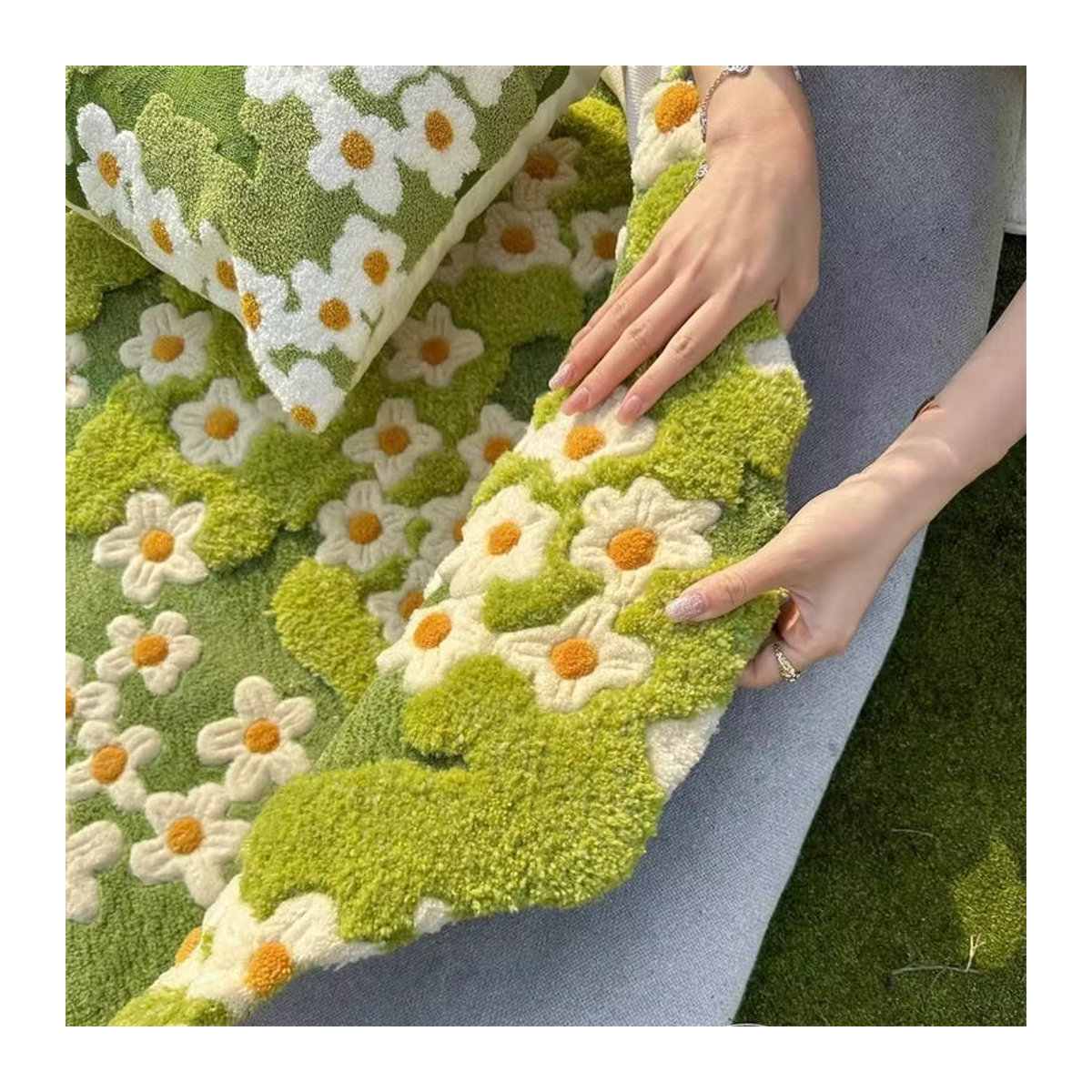 Runder handgemachter Acryl Teppich mit Blumenmuster von LTSCILOVCH in Grün für Wohnzimmer und Schlafzimmer - Bild 4