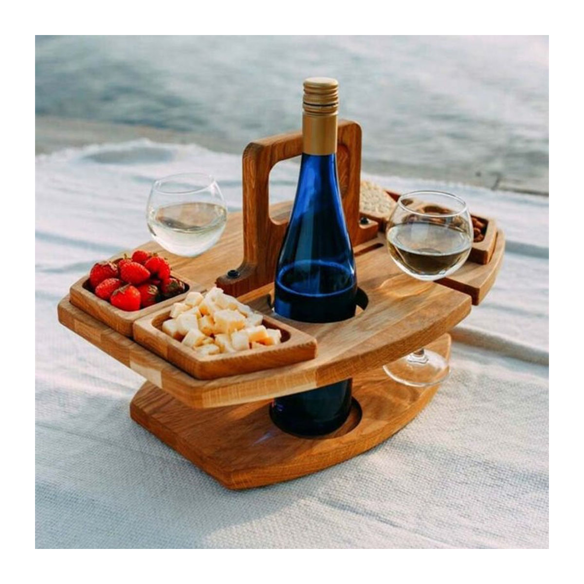Runder Klappbarer Picknicktisch aus Holz mit Glashalter und Snack-Tablett in Natur und Grau - Bild 1